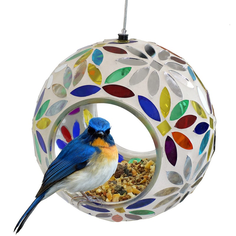 Sunnydaze 6-Inch Glass Mosaic Hanging Bird Feeder for Outdoors - Fly-Through Wild Bird Feeder - Rainbow Daisies - Image 1